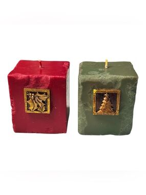 Bill Blass Home 90’s Set of 2 Square Holiday Pillar Candles - Holly Leaves, Tree
